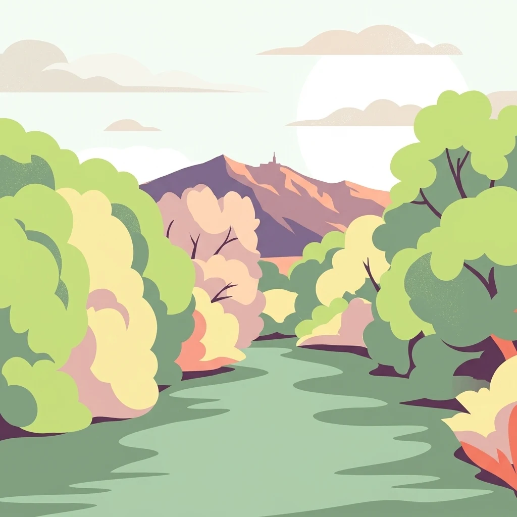 Digital illustration of a calm river winding through a forest toward a mountain range under a light sky.