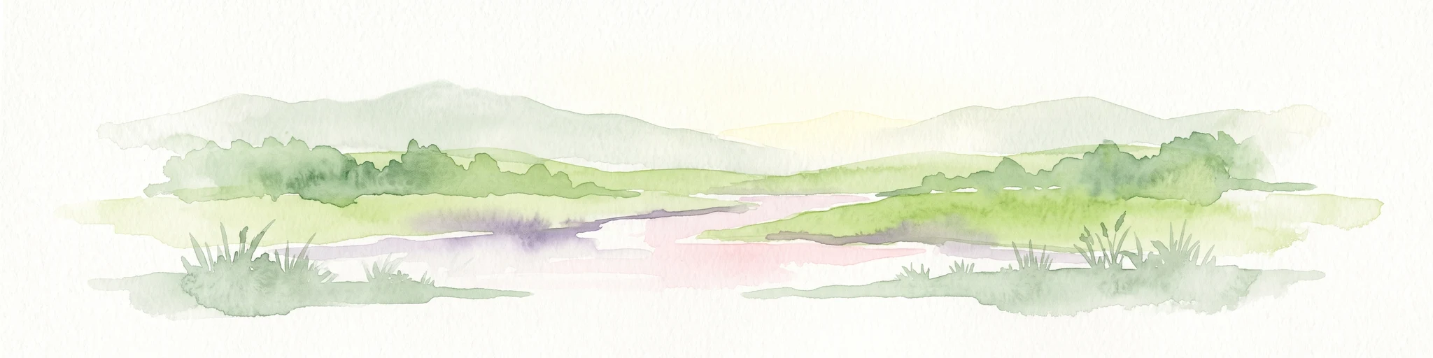 A soft watercolor painting of a calm river winding through rolling green hills under a hazy sky.