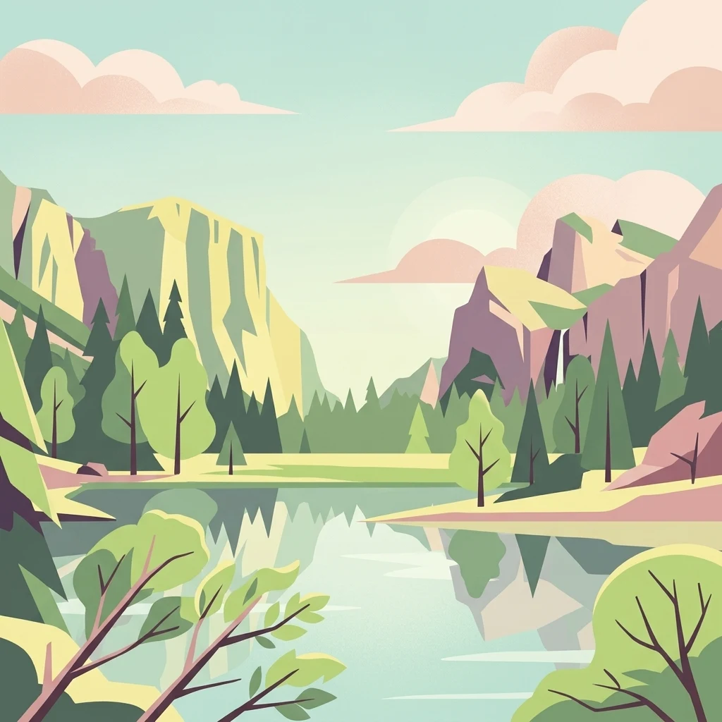 A digital illustration of a serene river valley with surrounding mountains, coniferous trees, and soft clouds, rendered in a flat, modern graphic style.