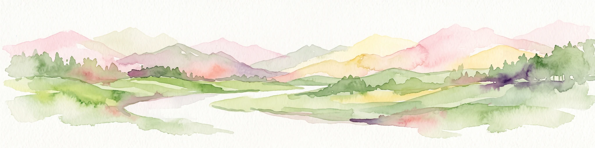 A horizontal watercolor painting of a winding river flowing through green rolling hills and wooded areas, with soft-colored mountain silhouettes in the background.