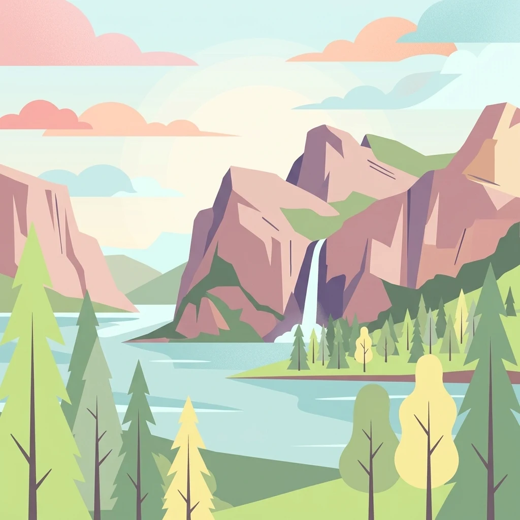 Una ilustración digital de estilo plano que muestra un lago tranquilo rodeado de montañas, árboles de hoja perenne y una pequeña cascada que cae por un acantilado bajo un cielo de colores pastel.