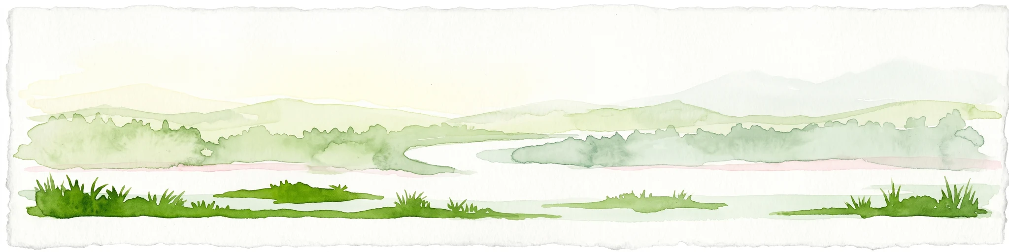 Watercolor painting of a river landscape with lush green riverbanks, patches of grass in the foreground, and gentle rolling hills in the background.