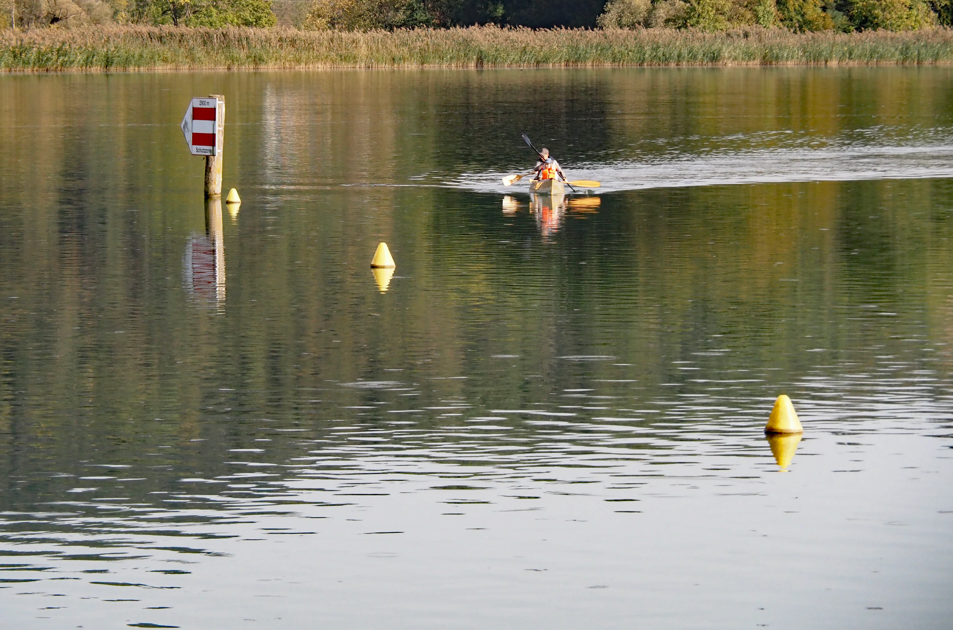 Una persona remando en kayak por aguas tranquilas, pasando cerca de boyas amarillas y una señal de marcaje roja y blanca en el embalse de Klingnau, con una orilla cubierta de juncos al fondo.