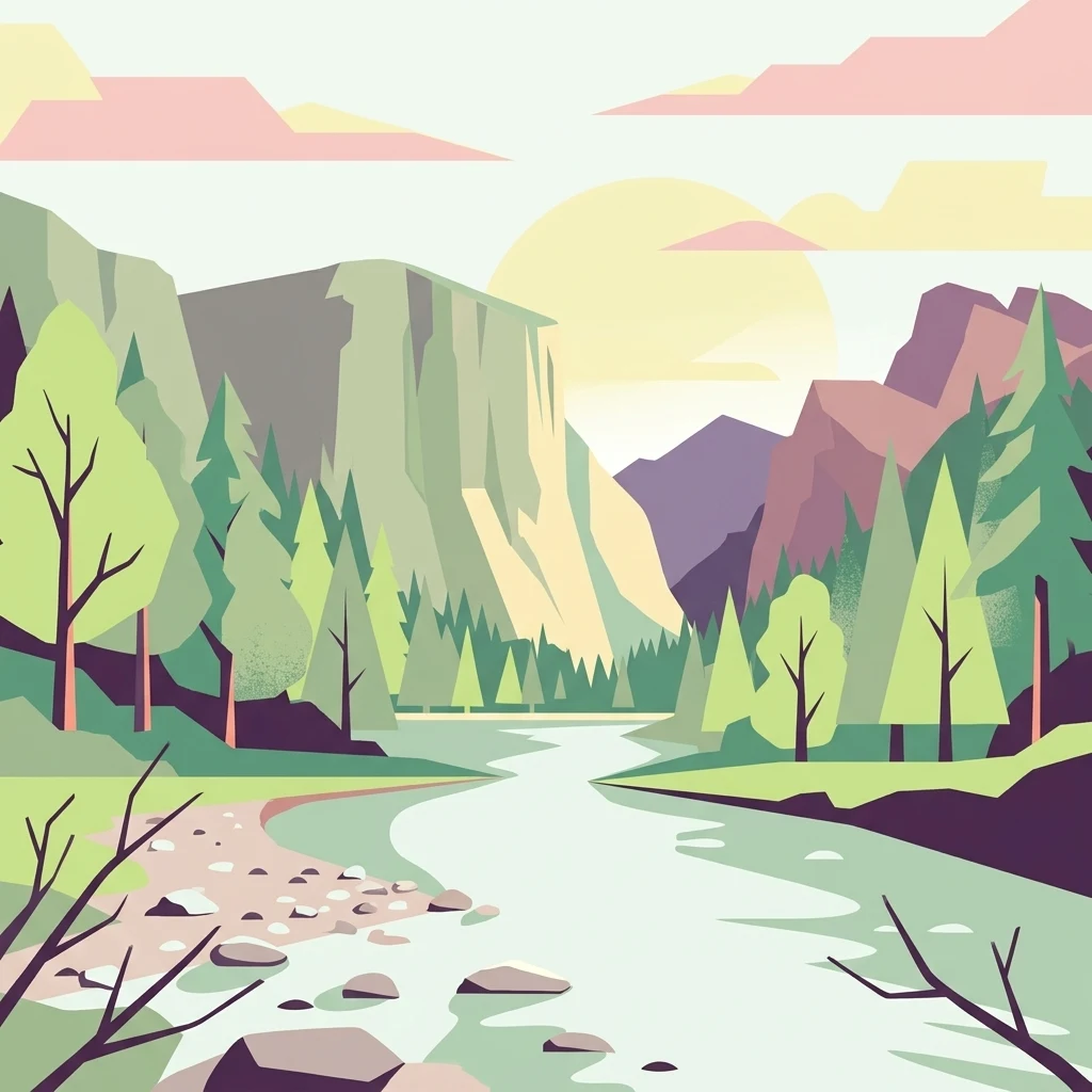 Vector illustration of a river landscape featuring rocky banks, evergreen and deciduous trees, and large mountains under a soft sun.