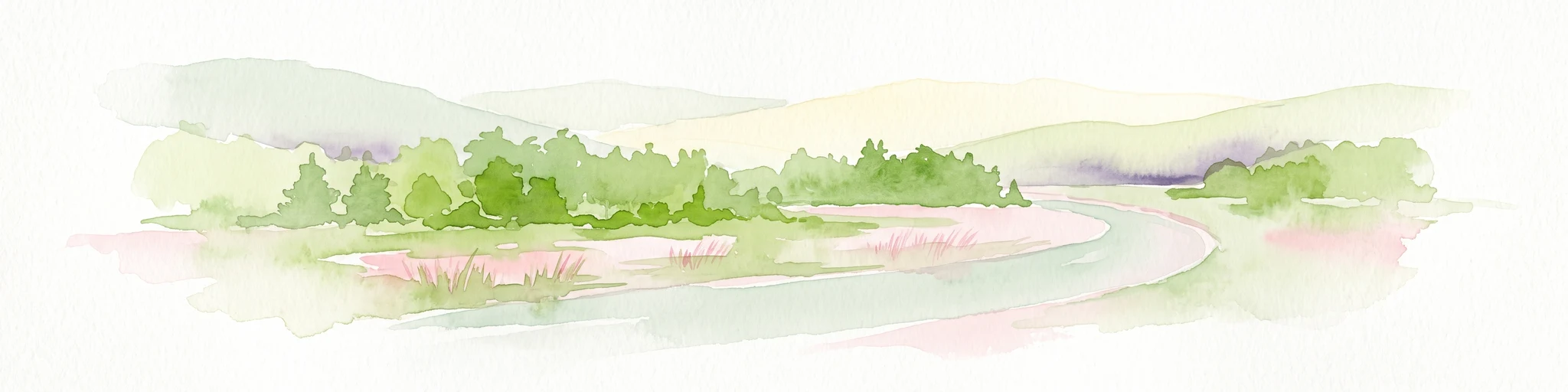 A soft watercolor painting of a river flowing through a green landscape with rolling hills and trees in the distance.