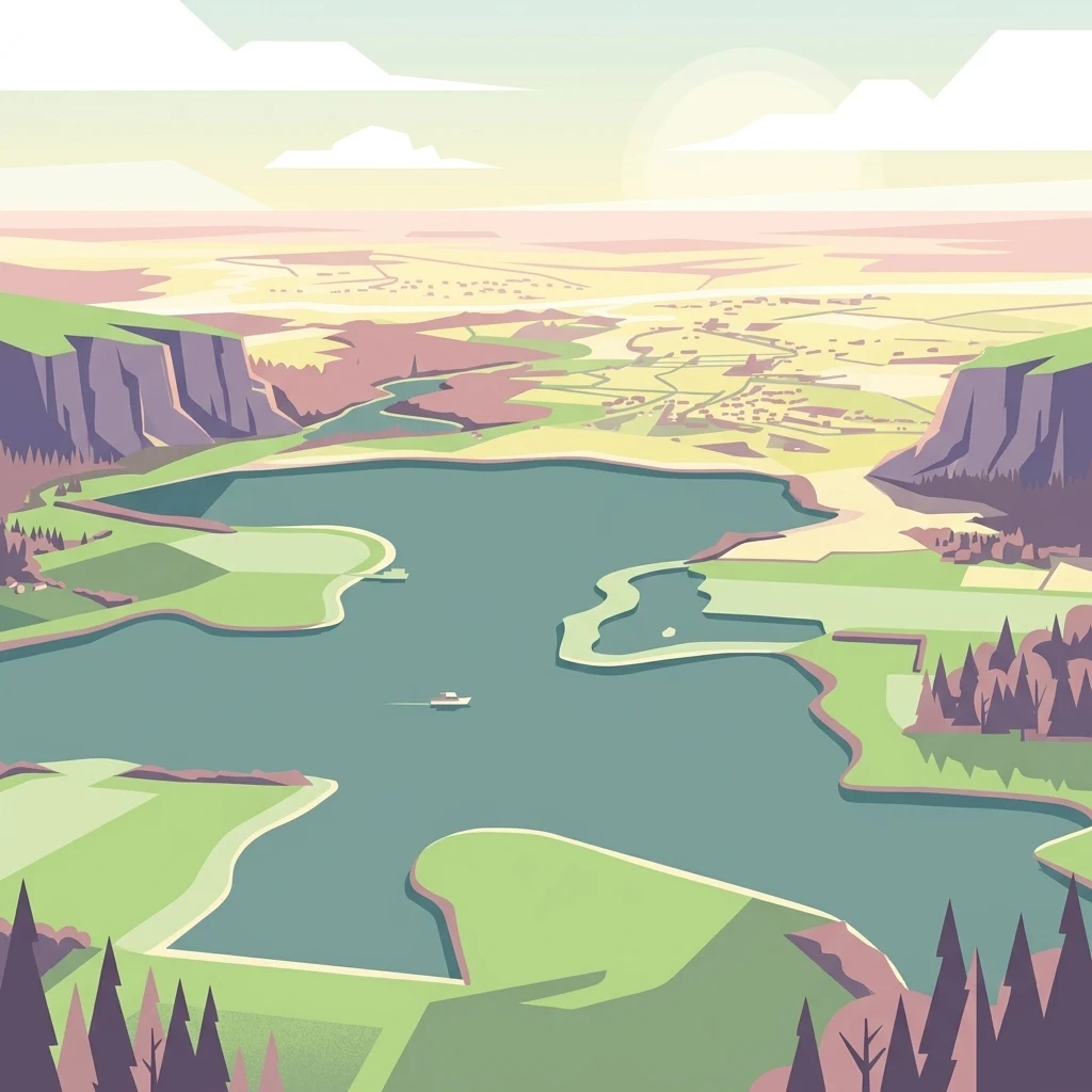 A flat-style digital illustration of a large reservoir surrounded by green hills, forests, and steep cliff edges with a small boat on the water.