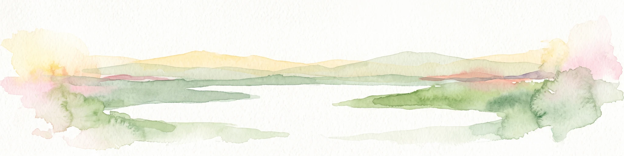 A soft watercolor illustration showing rolling green hills and wetlands against a light, pale sky.