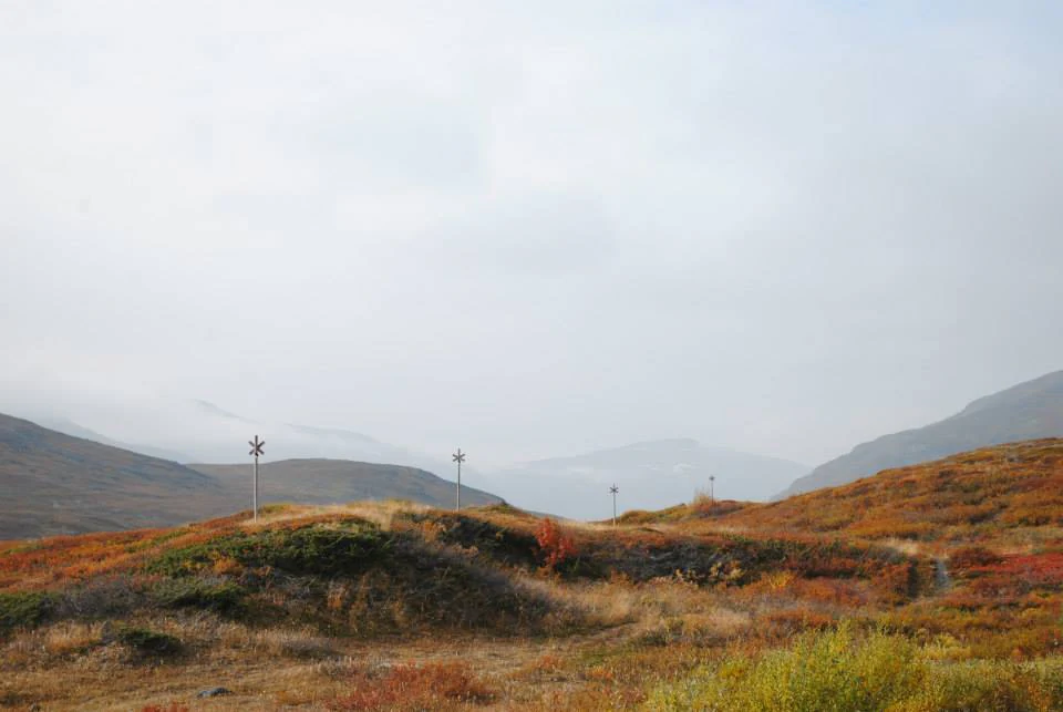 Hiking trail through a tundra landscape with grassy hills, trail markers, and distant mountains under an overcast sky