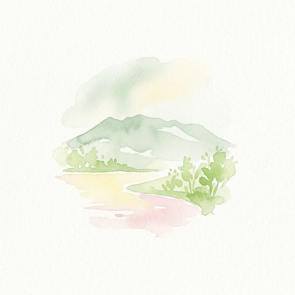 Watercolor painting of a mountain landscape with a lake and trees