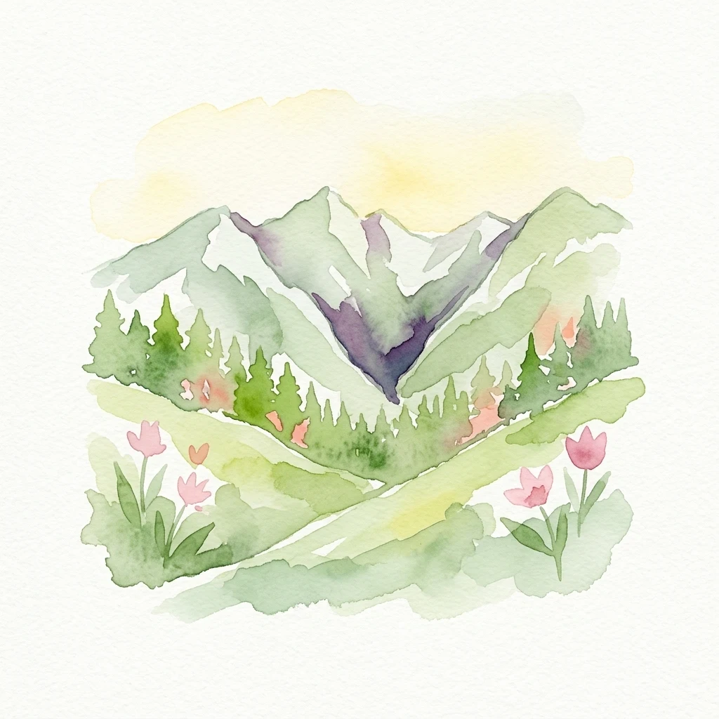 Ilustración en acuarela que muestra montañas, colinas verdes, árboles y flores rosas bajo un cielo amarillo