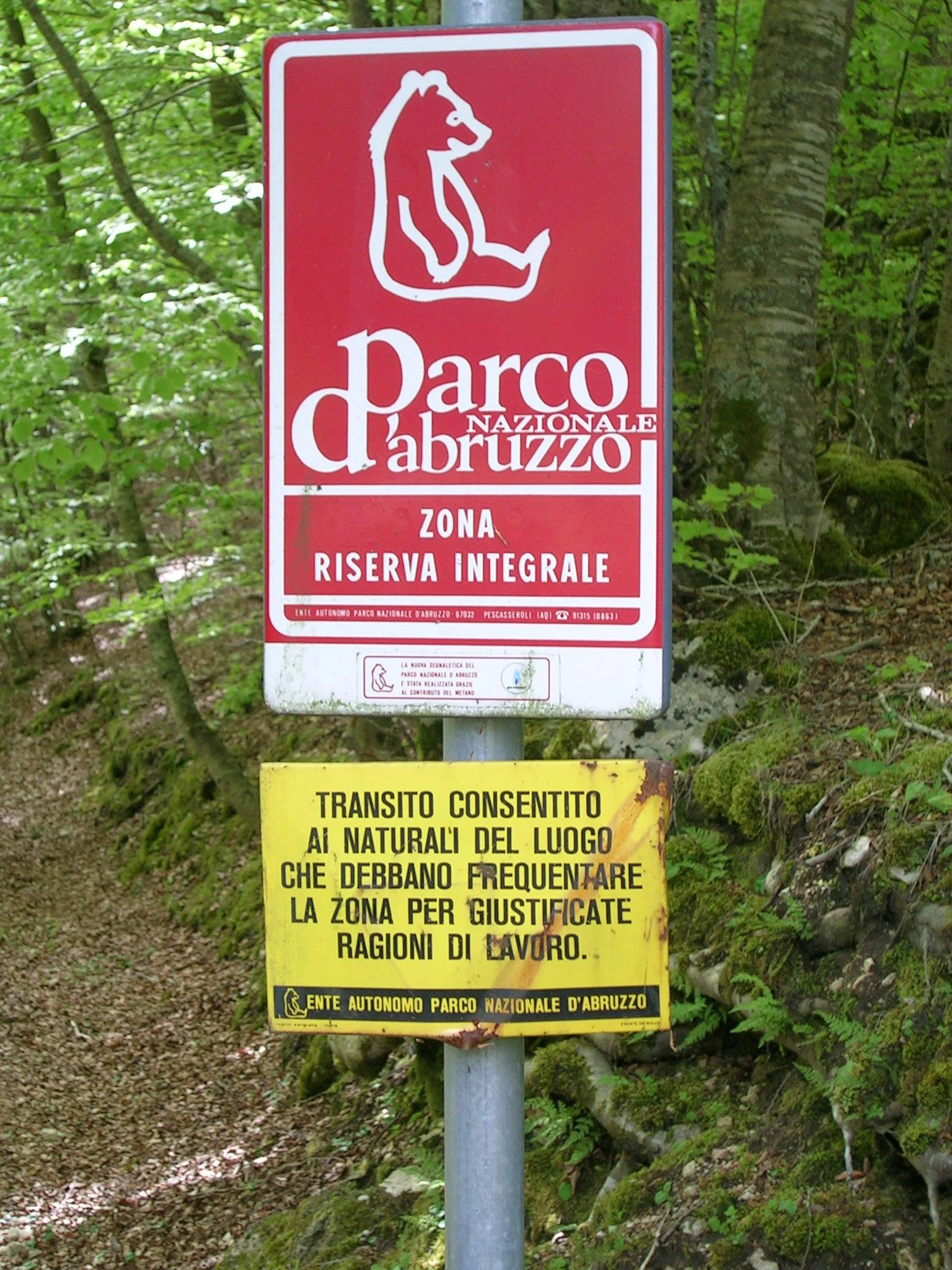 Red rectangular sign with bear logo and text 'Parco Nazionale d'Abruzzo Zona Riserva Integrale' mounted on a pole, with yellow secondary sign below, set against forest background