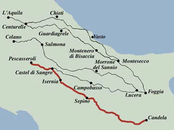 Map showing the Tratturo Pescasseroli-Candela historical sheep track with labeled locations including Pescasseroli, Candela, L'Aquila, and surrounding towns