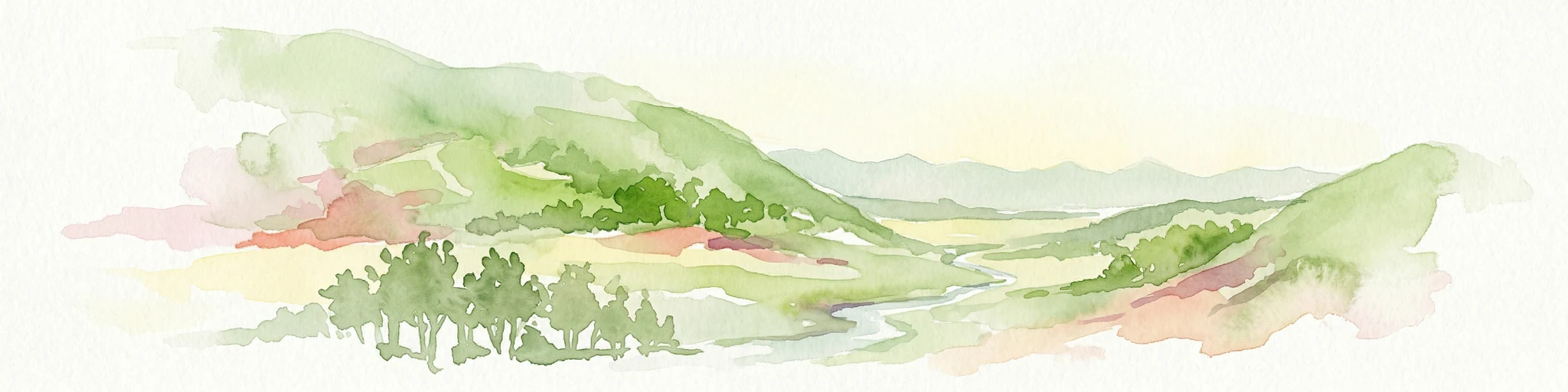 Pintura de acuarela que muestra un paisaje con colinas verdes onduladas, un río y árboles dispersos