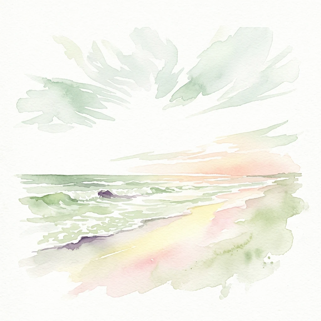 Pintura de acuarela de una playa al atardecer con olas suaves y cielo de color pastel