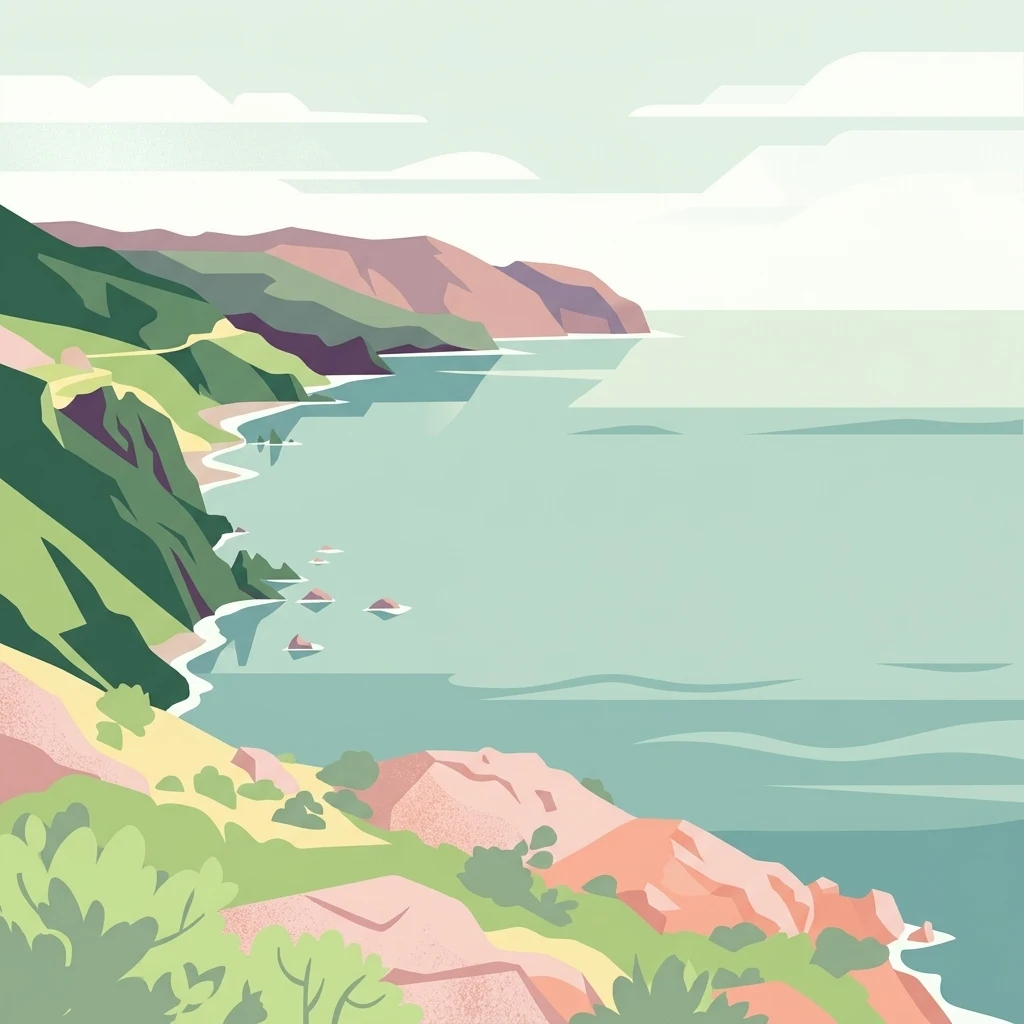 A minimalist, flat-style digital illustration showing rocky coastal cliffs meeting the sea, with green slopes, sandy coves, and distant hills.