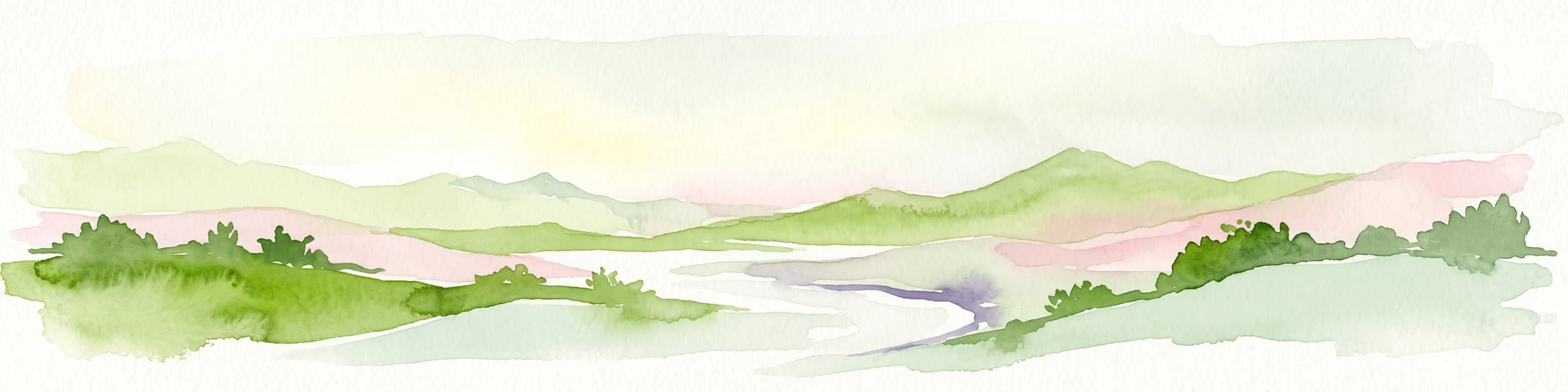 Watercolor painting of green rolling hills and a winding path or coastline with a light, soft aesthetic.