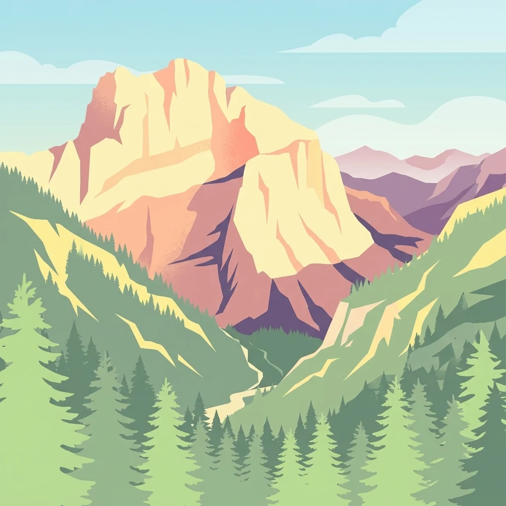A graphic illustration of a large, craggy mountain peak looming over a pine forest valley.