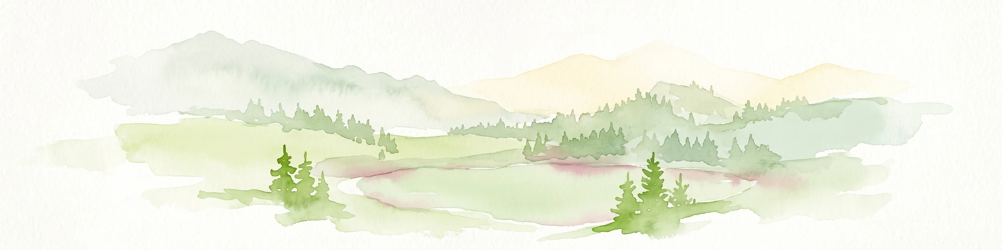 A watercolor illustration of a soft mountain range landscape with pine trees in the foreground against a white background.