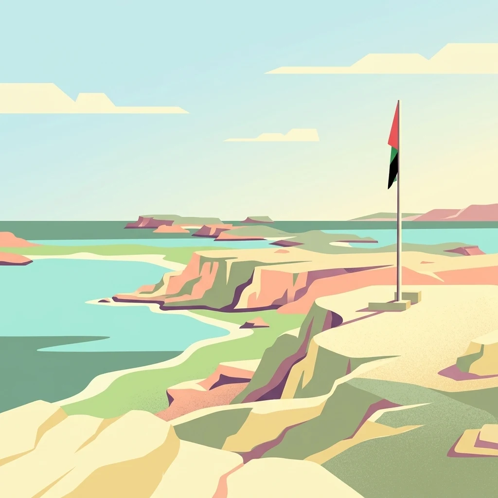 Una ilustración digital minimalista y estilizada que representa un paisaje costero con acantilados rocosos pálidos, agua tranquila de color azul claro y un asta alta con una bandera triangular en un promontorio.