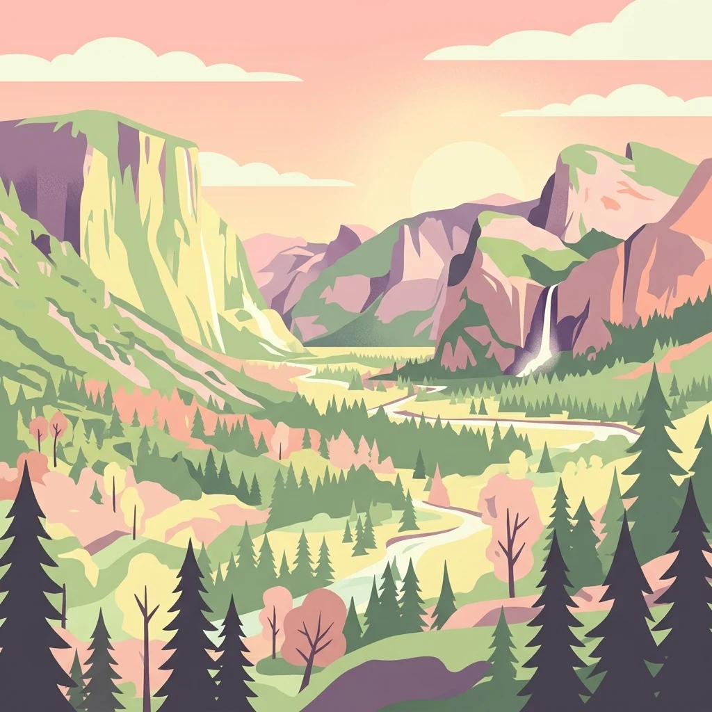 A digital illustration in a flat design style depicting a mountain valley at sunrise. In the foreground are stylized evergreen trees; in the midground, a river winds through a forest; and in the background, steep mountain peaks rise toward a soft pink and orange sky, with a small waterfall visible on the right slope.