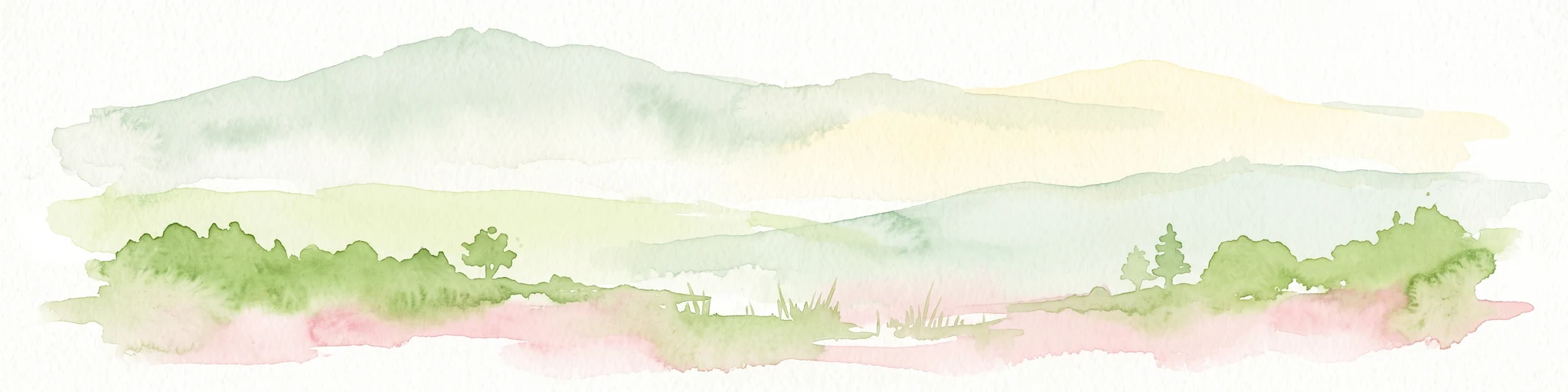 A soft watercolor painting showing rolling green hills and a forested ridgeline against a pale sky on a white background.