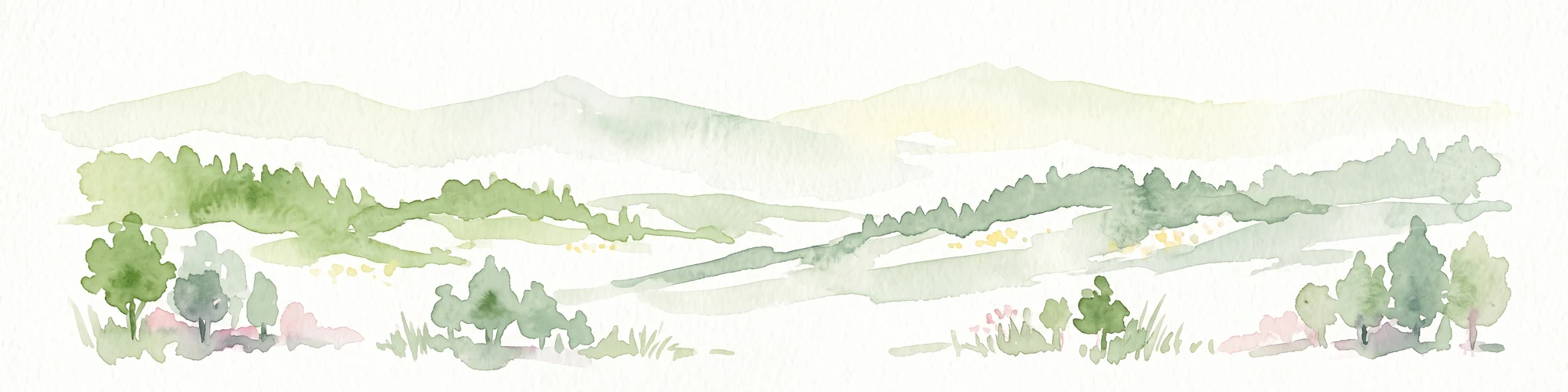 A horizontal watercolor painting depicting a soft-toned, layered landscape of rolling hills and forests in shades of green and pale yellow.