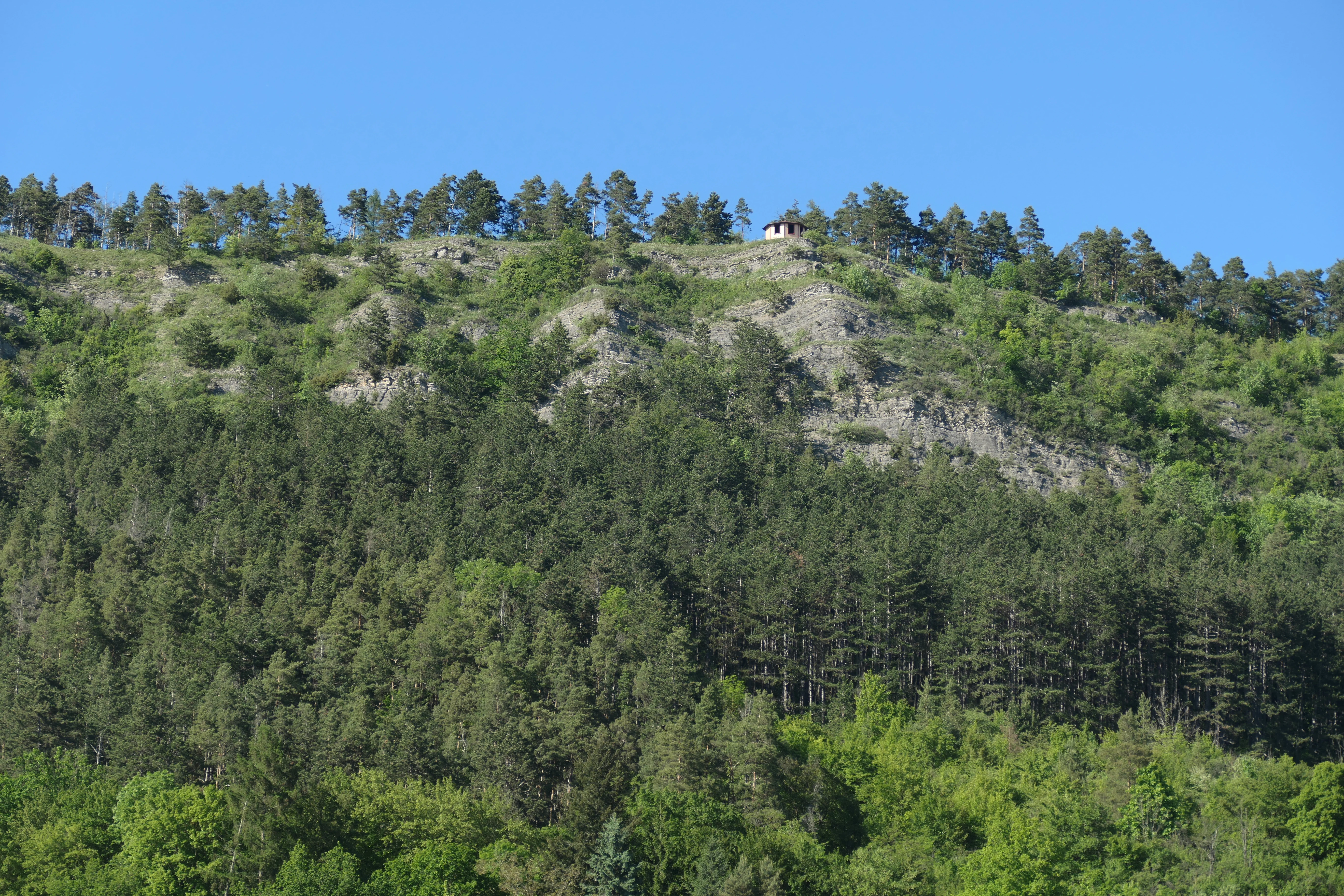 Vista hacia arriba de una ladera empinada, rocosa y cubierta de árboles, con un pequeño edificio visible a lo largo de la línea de la cresta contra un cielo azul despejado.