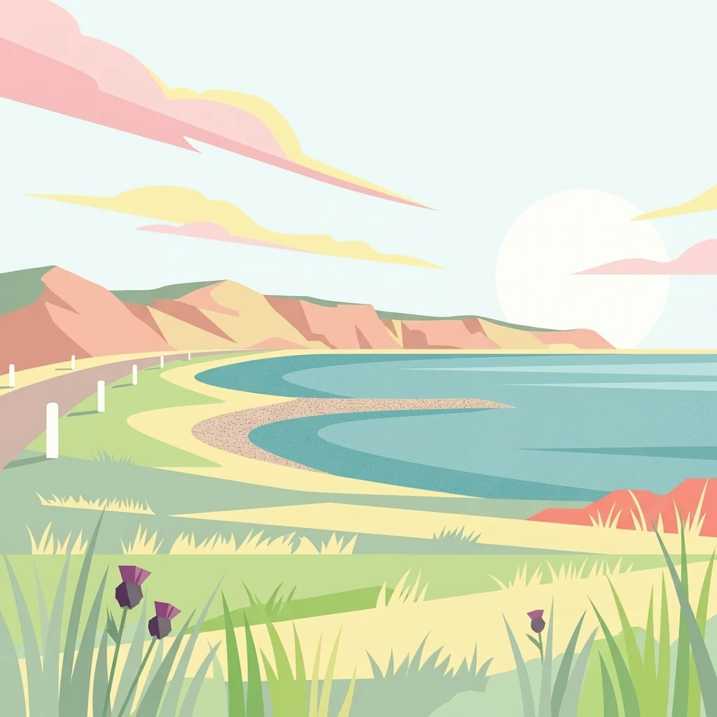 A stylized vector illustration of a coastal scene with grassy dunes in the foreground, a winding road with white markers, and a tranquil blue sea meeting rolling hills under a soft sunrise sky.