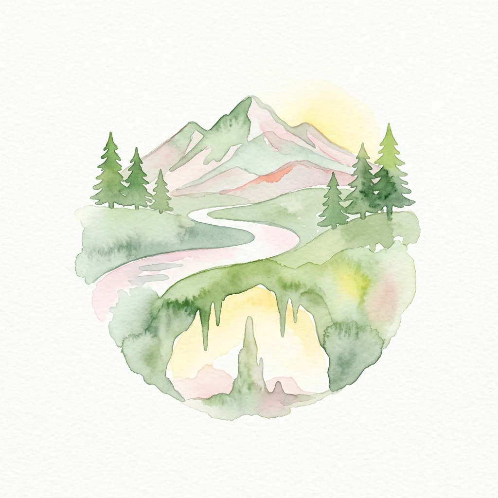 Watercolor illustration of mountains, a winding river, evergreen trees, and a cave entrance with stalactites