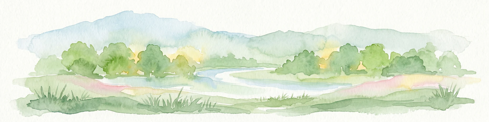 Pintura de acuarela que muestra un río sinuoso, árboles verdes, colinas distantes y un primer plano cubierto de hierba
