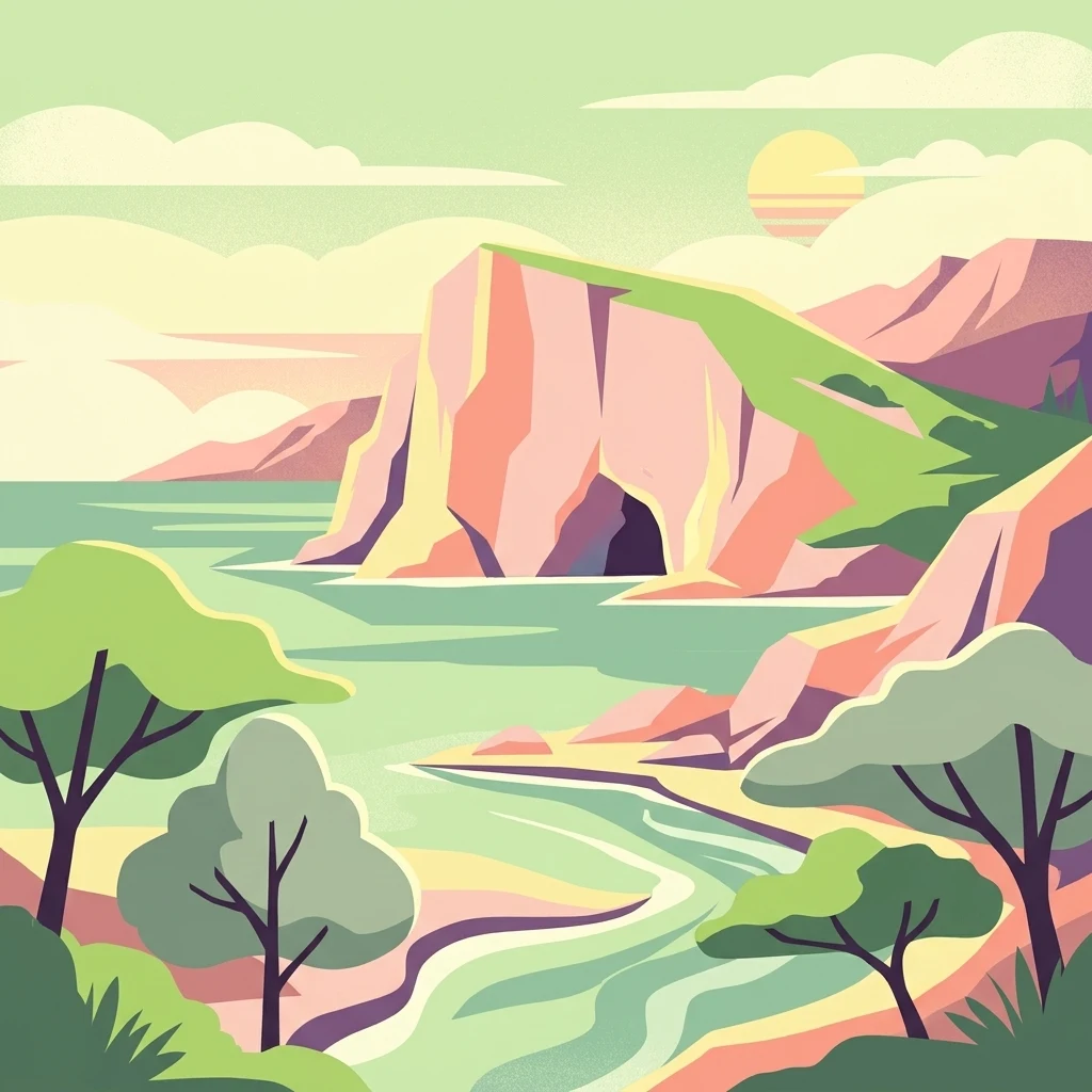 A stylized graphic illustration of a coastal cliff landscape featuring rocky bluffs, a sea cave, calm water, and soft-colored foliage at sunset.