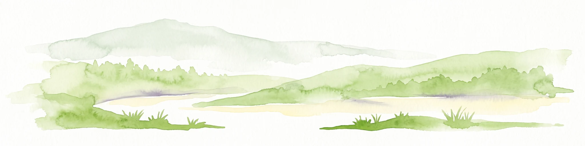 A soft watercolor illustration of green rolling hills and flat land against a pale, hazy background, representing a coastal island environment.