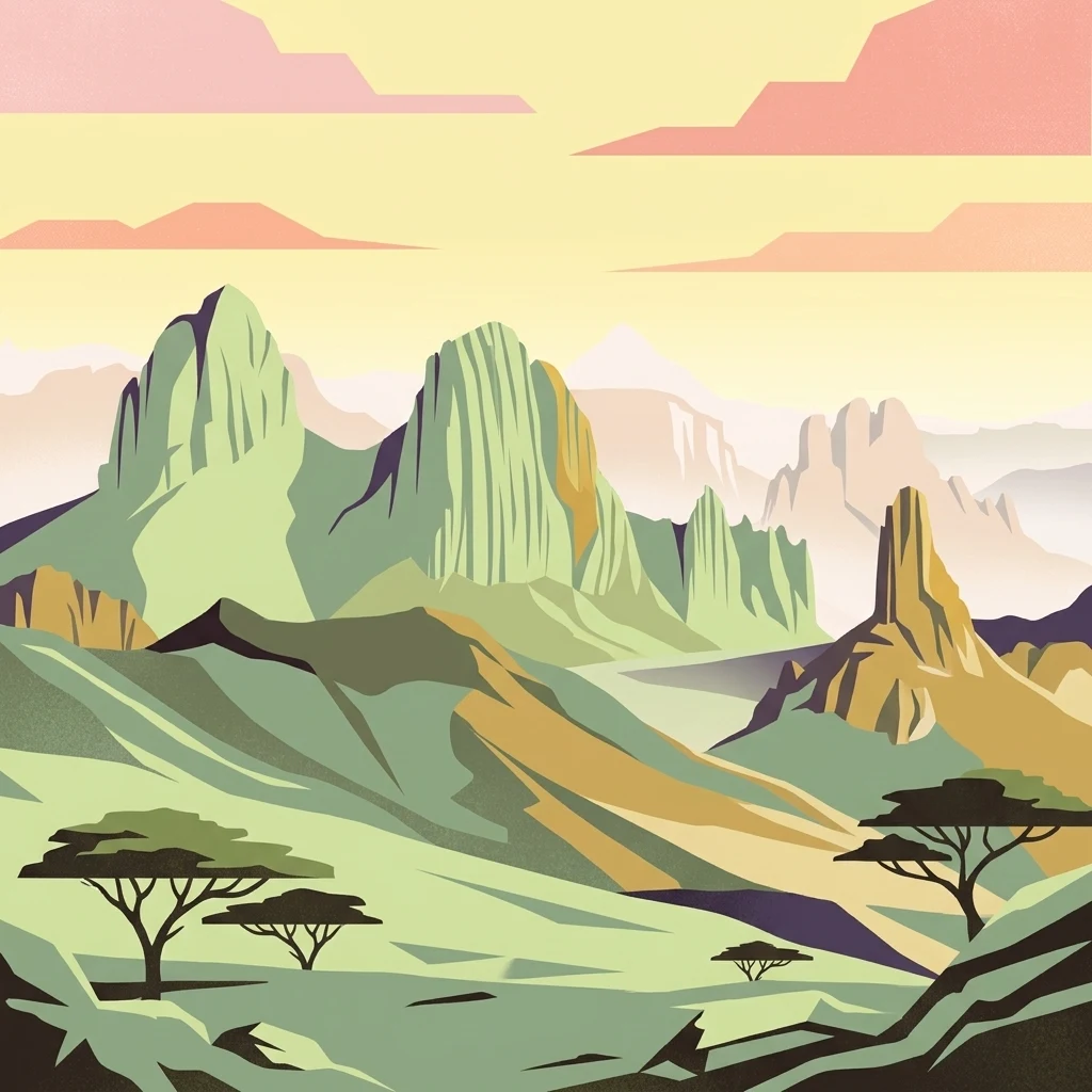 A stylized flat-design illustration of a rugged desert mountain range with sparse trees and sunset-toned skies.