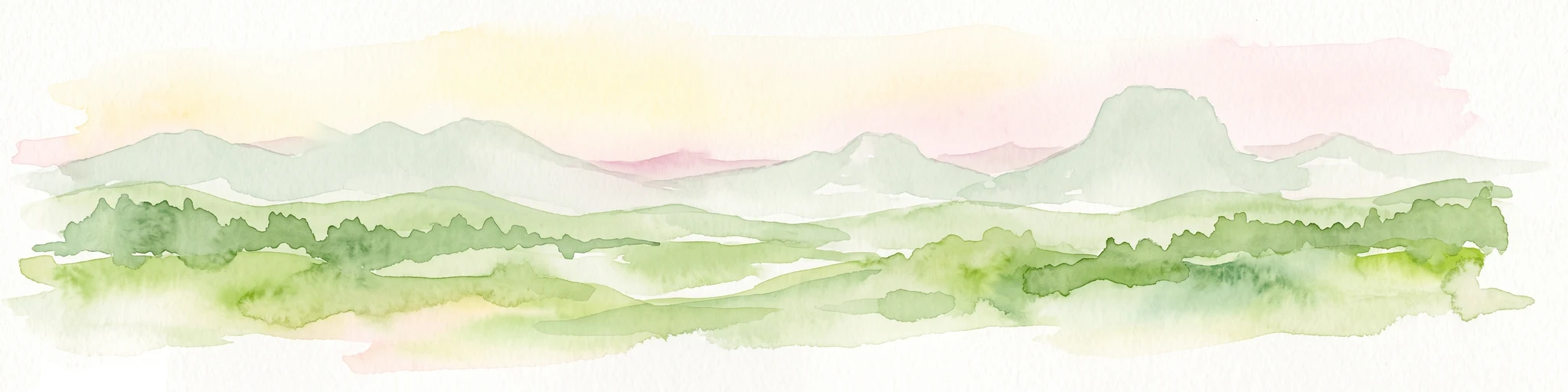 Una ilustración horizontal en acuarela que representa colinas verdes onduladas y picos montañosos lejanos bajo un cielo suave en tonos pastel.
