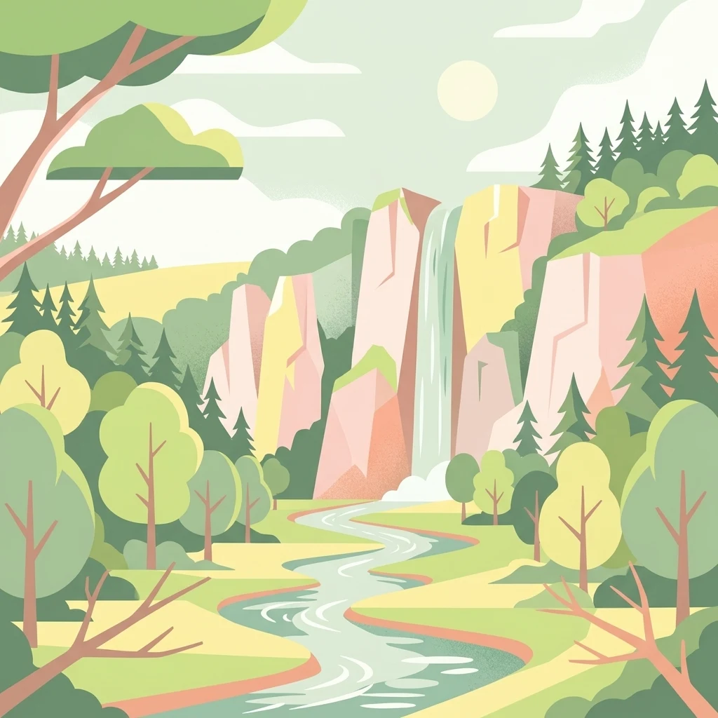 Digital illustration of a scenic valley featuring tall cliff faces, a central waterfall flowing into a winding river, and surrounding forests.