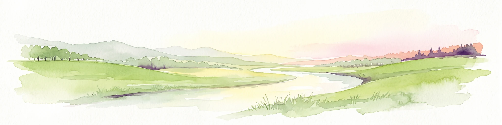 A soft watercolor illustration of a landscape featuring green rolling hills, a meandering river or stream, and distant low mountains under a light sky.