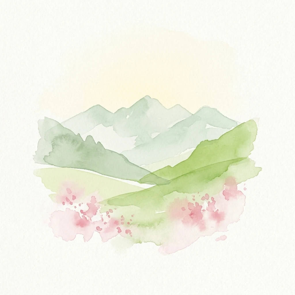 Watercolor illustration of green mountains with pink floral accents on a light background