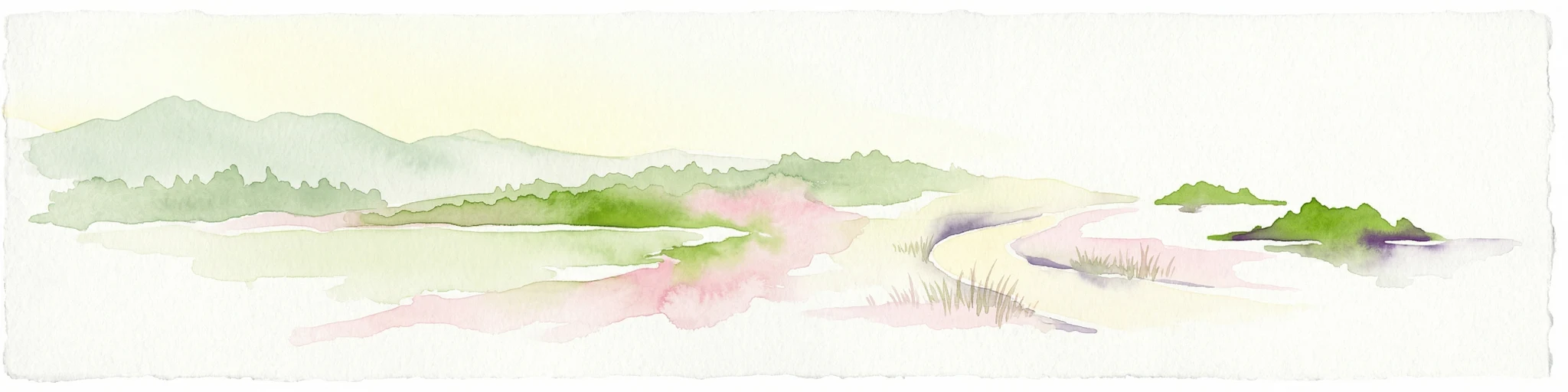 Ilustración en acuarela de un paisaje montañoso con un río, vegetación verde y picos distantes bajo un cielo claro