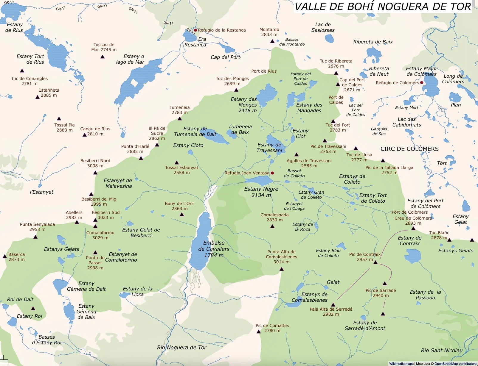 A detailed topographic map of the Valle de Boí Noguera de Tor region displaying mountain peaks, glacial lakes, reservoirs, and labeled geographical features with elevation markers