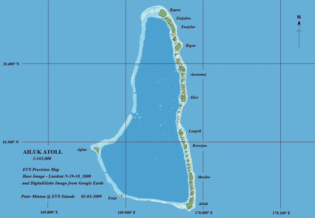 A nautical style map showing the coral structure and individual islets of Ailuk Atoll, with a grid and labels.