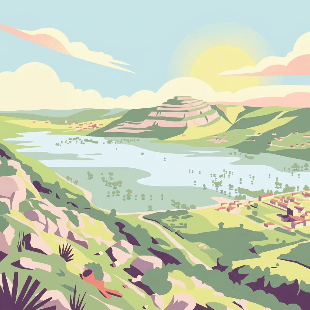 Stylized illustration of a landscape with hills, a lake, and vegetation under a sunny sky with clouds