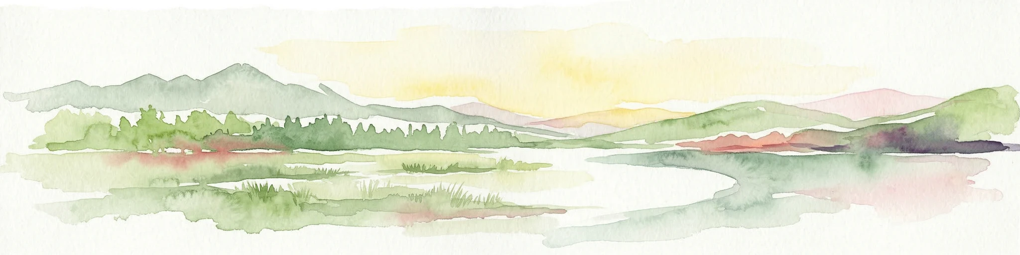 Ilustración en acuarela de un paisaje con colinas onduladas, una masa de agua y vegetación