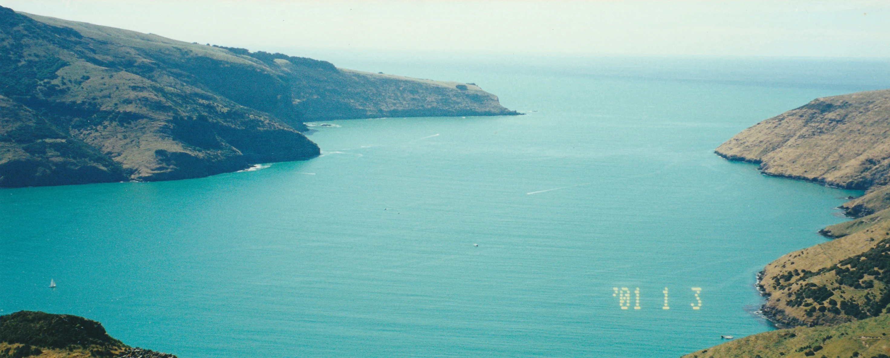An elevated, panoramic view looking out over the turquoise waters of the Akaroa Harbour entrance, surrounded by the green, rolling hills of the Banks Peninsula.