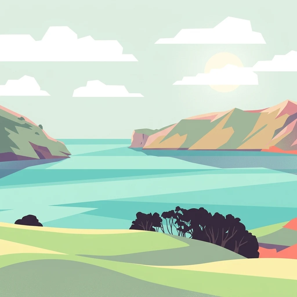 A flat-style vector illustration depicting a coastal inlet between two rocky hills, with rolling green fields in the foreground, turquoise water, and a bright sun in a pale sky.