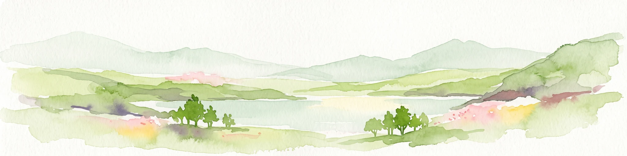A horizontal watercolor illustration showing a calm bay surrounded by rolling hills and soft greenery, with faint mountains in the background.