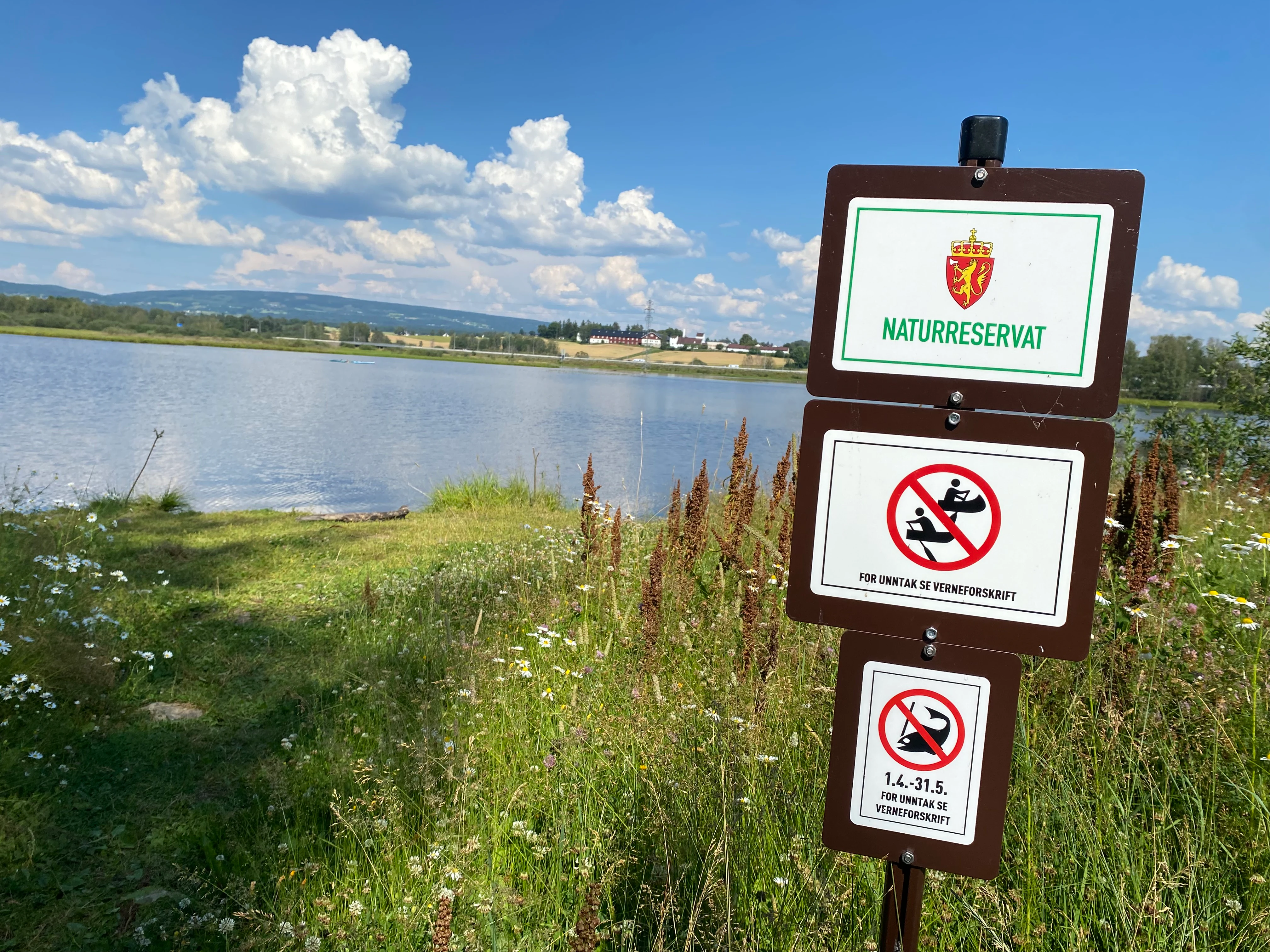 A brown regulatory sign in Norway identifying a nature reserve, featuring prohibited activities such as watercraft and specific fishing dates, set against a background of a lake and green meadows.