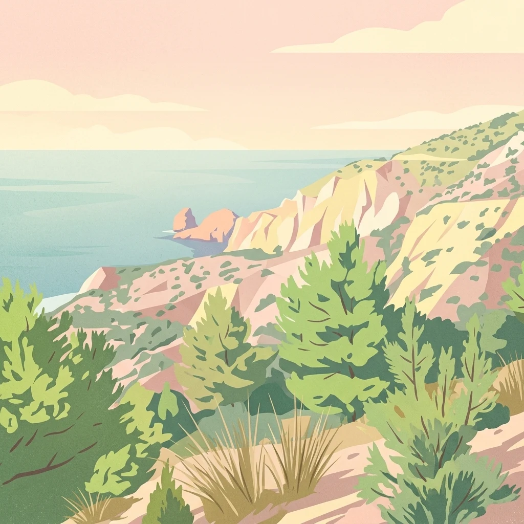 Ilustración estilizada de acantilados costeros con vegetación verde y el mar bajo un cielo pálido
