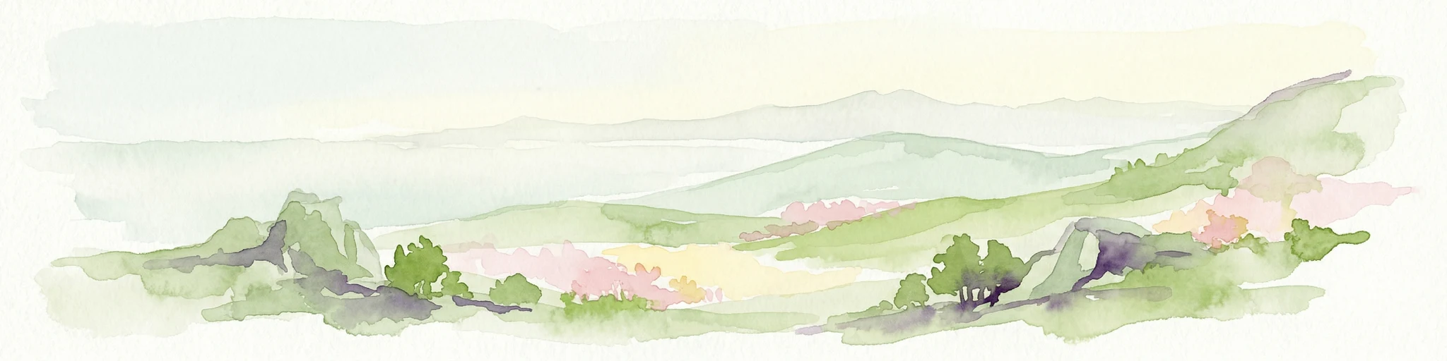 Ilustración en acuarela que muestra un paisaje con colinas verdes, vegetación y montañas lejanas
