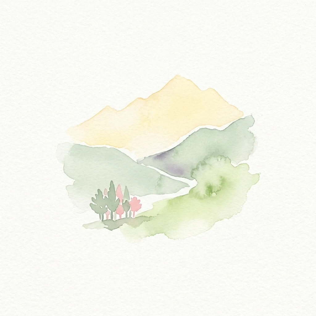 Watercolor illustration showing mountains, trees, and a winding river in a landscape