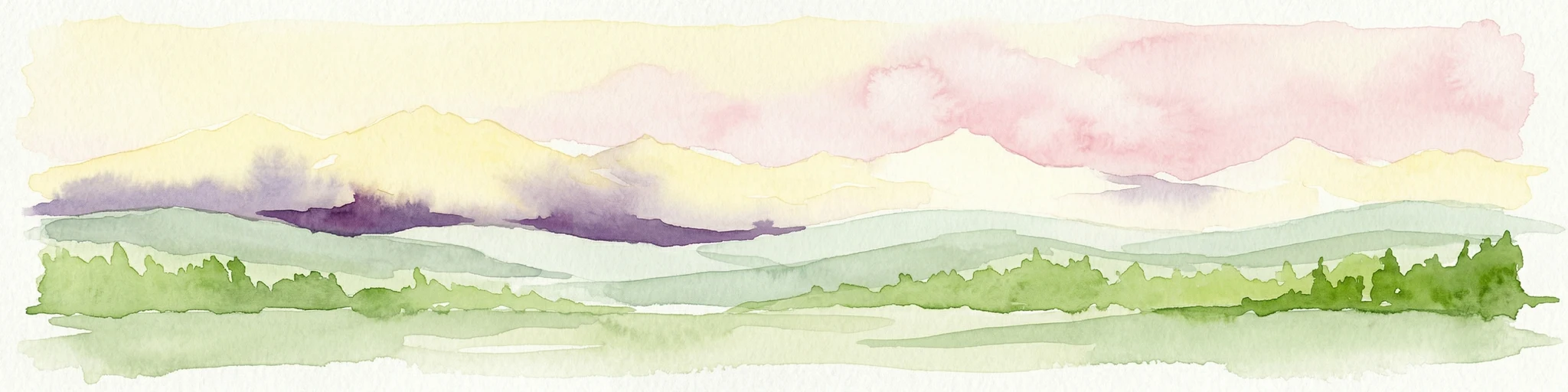 Pintura de acuarela que muestra un paisaje montañoso con capas de colinas, campos verdes y un cielo con tonos amarillos, morados y rosados